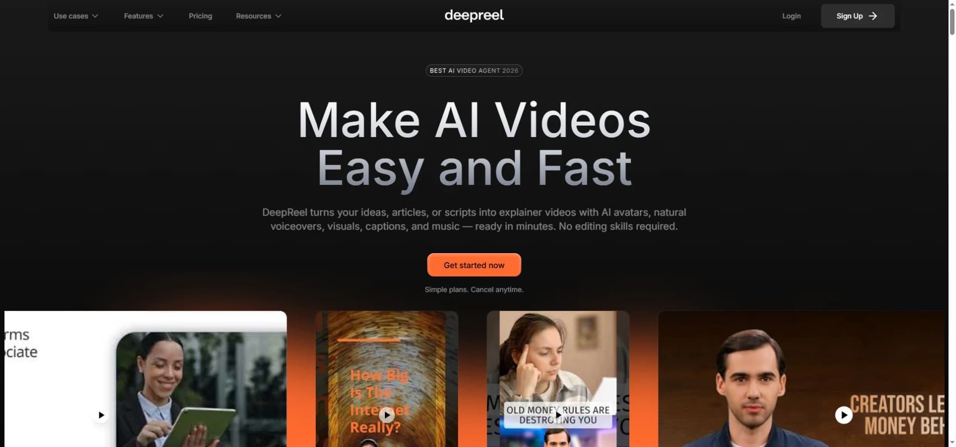 DeepReel’s public AI video website and presenter video examples